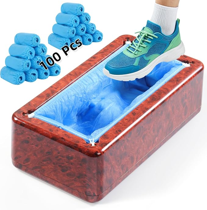 LYSHIYI Shoe Cover Dispenser with 100pcs Shoe Covers Disposable Non Slip, Woodgrain Red Automatic Shoe Cover Dispenser Fits Men's Size Up to 11,Durable Shoe Cover Machine for Indoor