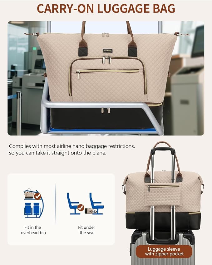 Weekender Bags for Women Travel, Under Seat Carry On Bags for Airplanes Overnight Bag with Shoe Compartment Luggage Sleeve, Foldie Travel Tote Bag Hospital Bag, Travel Gifts, Nude Black