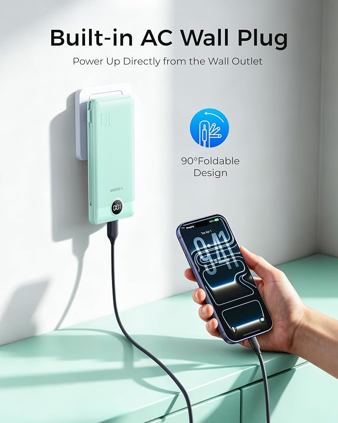 VEGER Portable Charger with Built-in AC Plug and Cables, All in One 10000mAh Ultra Slim Power Bank Emergency Fast Charging for Travel Battery Pack Compatible with iPhone, Samsung, Android, Green