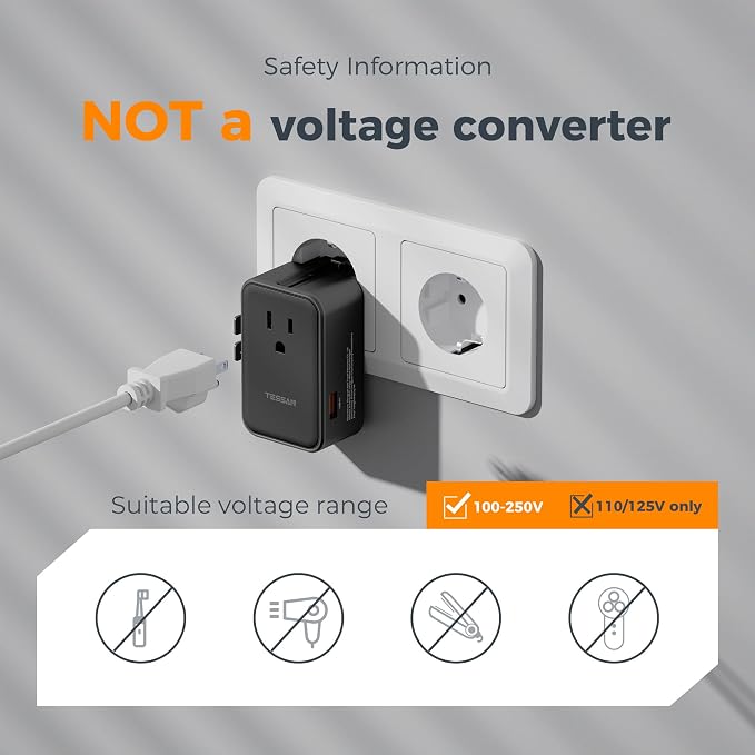 TESSAN 20W International Power Adapter, Ultra Slim Universal Travel Adapter with 2 USB-C 1 USB-A, Travel Adaptor Worldwide Plug for US to European UK Spain England New Zealand (Type C G A I), Black