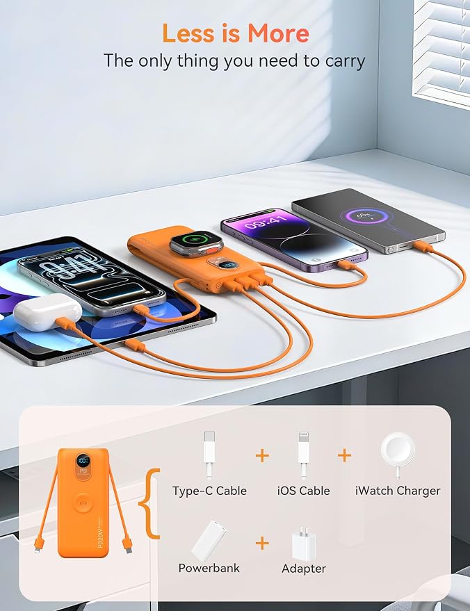 Portable Charger, 10000mAh 20W Fast Charging Power Bank with Built in Cables & AC Wall Plug & LED Display, Travel Essentials Battery Pack Powerbank for iPhone, iPad, iWatch, Samsung, Orange
