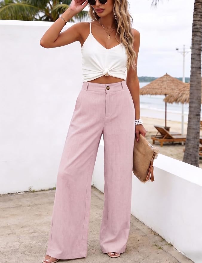 Hooever Womens Cotton Linen Pants Casual Button Up High Waisted Wide Leg Trousers