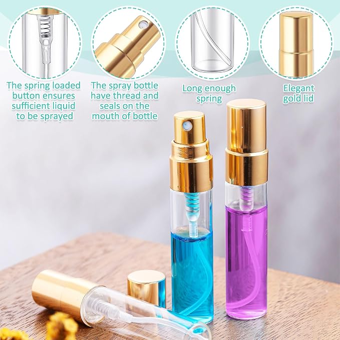 Zhehao 10 Pcs Mini Spray Bottles 5 ml Clear Glass Perfume Bottles Refillable Fine Mist Perfume Atomizer Portable Empty Sample Containers for Cleaning, Essential Oils, Travel (Gold Cap)