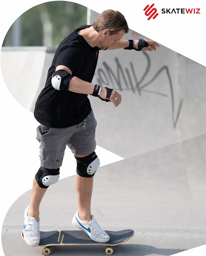 SKATEWIZ Skateboard Pads Protective Gear Set for Kids and Adults - Smash - Roller Skate Pads [6pc] with Wrist Guards - Skating Protective Gear - Roller Derby