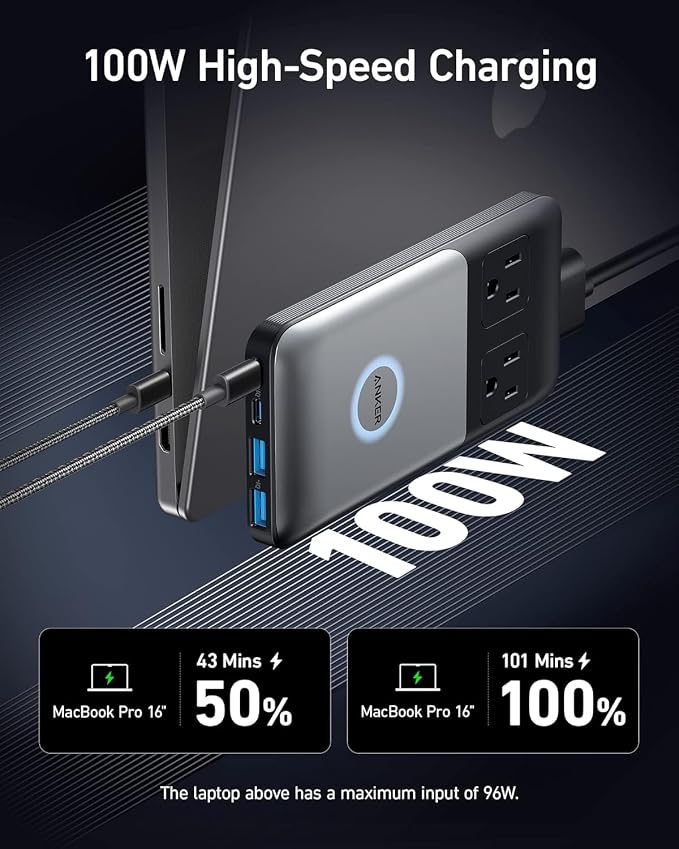 Anker 727 Charging Station (GaNPrime 100W), Compact Power Strip for Travel, Work, 5 ft Detachable Extension Cord with 2 Outlets and 4 USB Ports, for iPhone, Samsung, iPad, MacBook (Not a Battery)