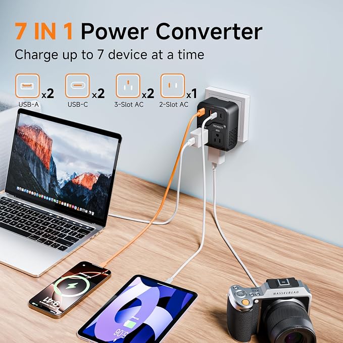 2000W Voltage Converter US to Europe, 220V to 110V Converter for Hair Dryer, 7-in-1 European Travel Plug Adapter with 3AC/2USB-A/2USB-C (PD20W), Travel Essentials