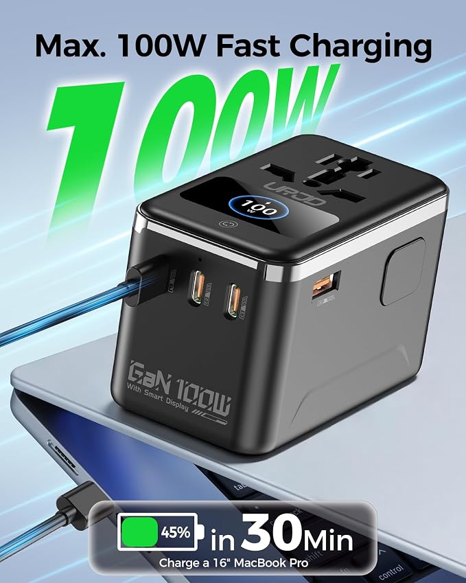 GaN 100W Universal Travel Adapter with Smart Display, 3 USB C 1 USB A + 2500W AC Outlet, International Power Adapter for Fast Charging in 200+ Countries, Compatible with MacBook, iPhone and More