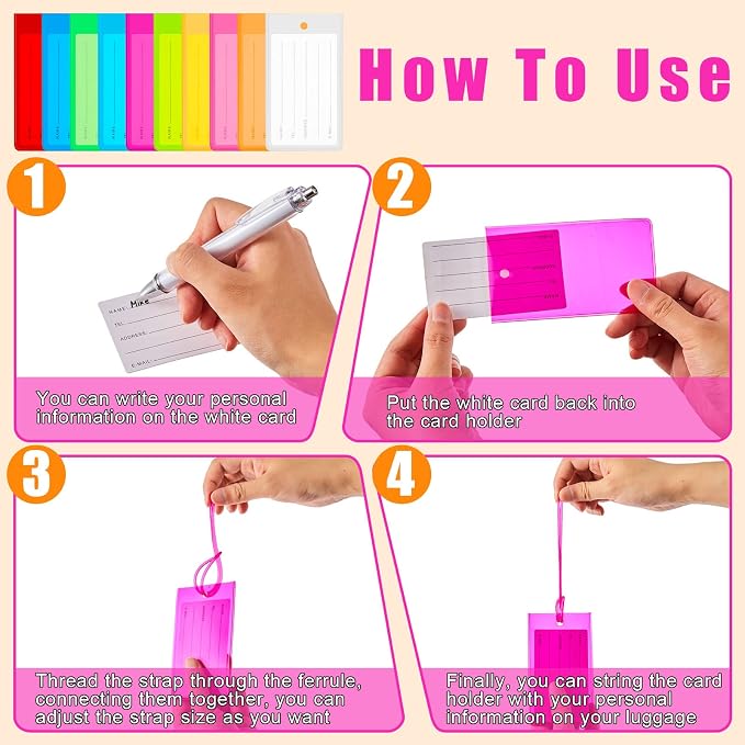 Sumind 100 Pcs Plastic Luggage Tags Assorted Name Identification Labels Flexible Suitcase Tags for Travel Baggage, 10 Colors (Plastic)