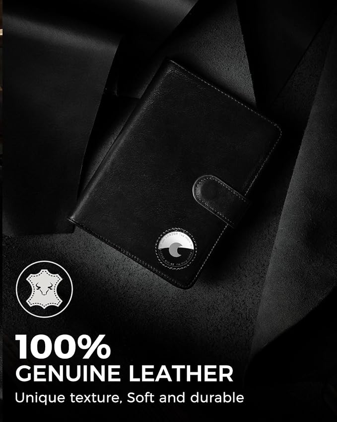 LORZOR Passport Holder for Travel: Full Grain Leather Passport Cover with Airtag Holder Magnetic Buckle for Men - RFID Blocking Bifold Wallet for Air Ticket Card Cash Coin (Black)