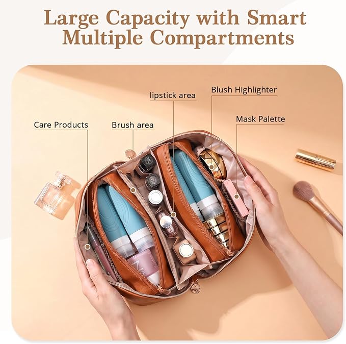 Travel Makeup Bag for Women: 3-in-1 Large Capacity Cosmetics Organizer with 2 Detachable Pouch - Vegan Leather Flat Open Toiletry Bag - Travel Essentials for Full-Sized Bottles(Orange)