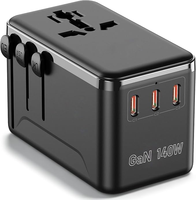 JMFONE 140W GaN Universal Travel Adapter with 2500W AC Outlet, International Power Adapter for Europe UK US AU, 3 USB-C & USB-A Fast Charger for MacBook, iPhone, Laptop and More in 200+ Countries