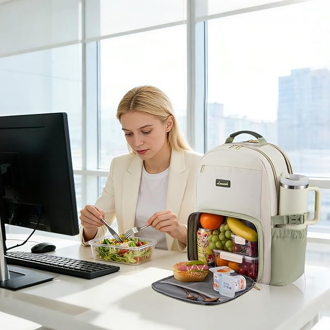LOVEVOOK Lunch Backpack with Lunch Compartment,17 Inch Laptop Work Travel Insulated Cooler Backpack,Waterproof College Teacher Lunch Bag Box,Gifts for Men Women,White-Bean Green-Dark Olive Green