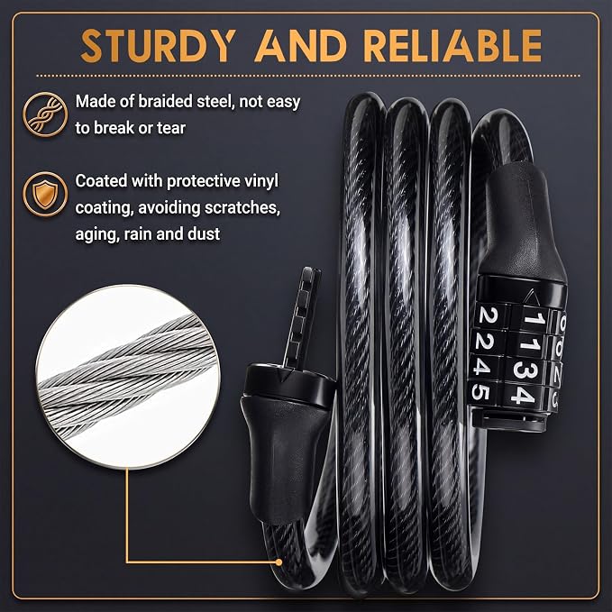 Hotop 30 Pcs 4 Feet Bike Lock Cable with Combination, Coiled Preset Bike Lock High Security 4 Digit Bicycle Locks Anti Theft Bikes Accessories Black Bicycle Cable Locks, 5/6 Inch Diameter