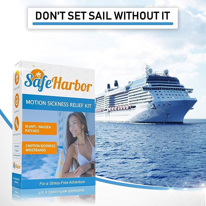 Sea Sickness Kit for Cruise | Motion Sickness Wristbands + Ginger Patches | Non Drowsy Nausea Relief for Adults, Kids | Alaska Cruise Essentials, Travel Kit for Car, Airplane | 2 Bands + 10 Patches