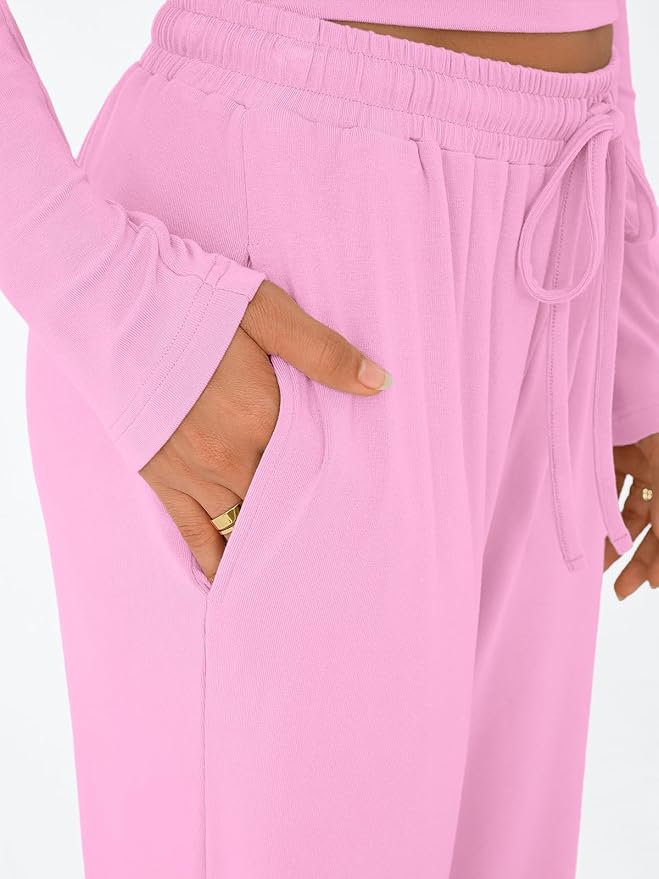Trendy Queen Women's 2 Piece Matching Lounge Set Long Sleeve Side Ruching Top Wide Leg Drawstring Pants Set with Pockets