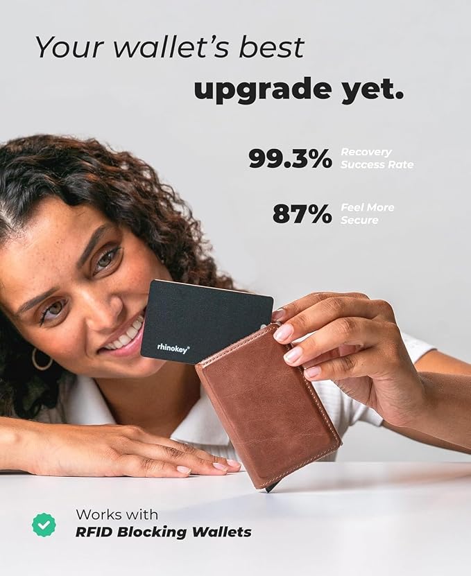 Rhinokey® Wallet Tracker Card (Android Only) 0.07in Slim Rechargeable Smart Tracking Card Works with Google's Find Hub IP68 Item Finder with Key Chain Hole for Luggage Tags (2 Pack - Android)