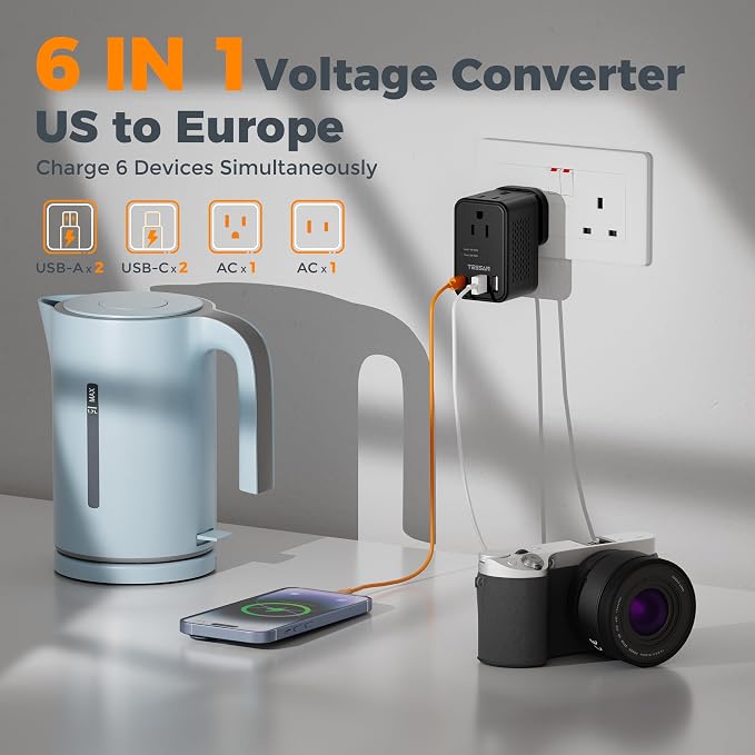 TESSAN 220 to 110 Voltage Converter US to Europe, International Power Adapter with 4 USB Ports(2 USB C), 2 AC and EU/UK/AU Plug Universal Power Converter Adapter Combo, Step Down Transformer Black