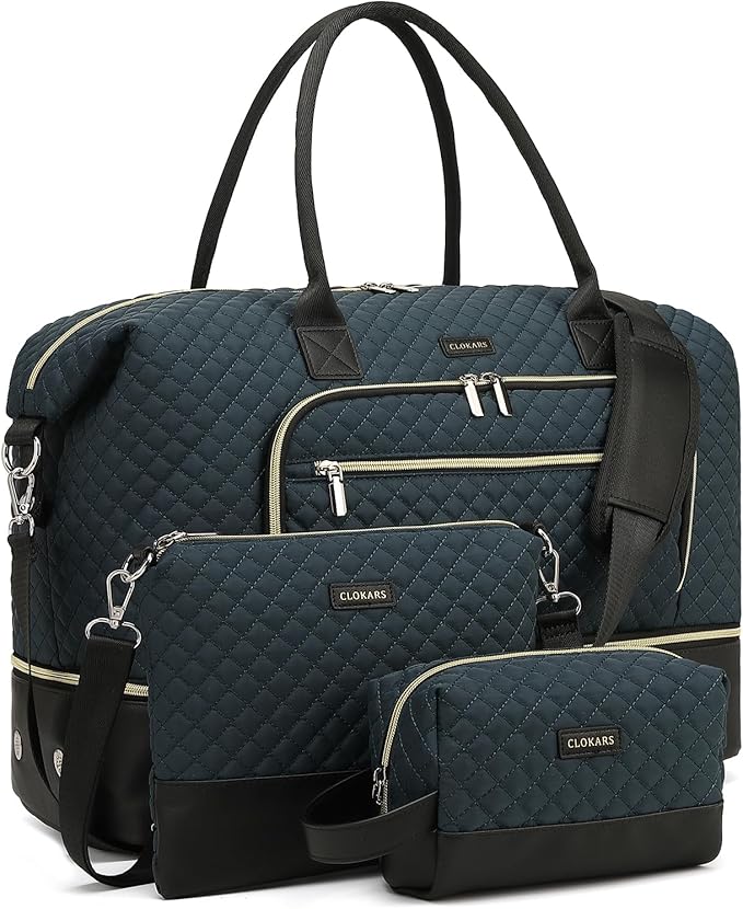 Weekender Bags for Women Travel, Under Seat Carry On Bags for Airplanes Overnight Bag with Shoe Compartment Luggage Sleeve, Foldie Travel Tote Bag Hospital Bag, Travel Gifts, PeacockBlue Black