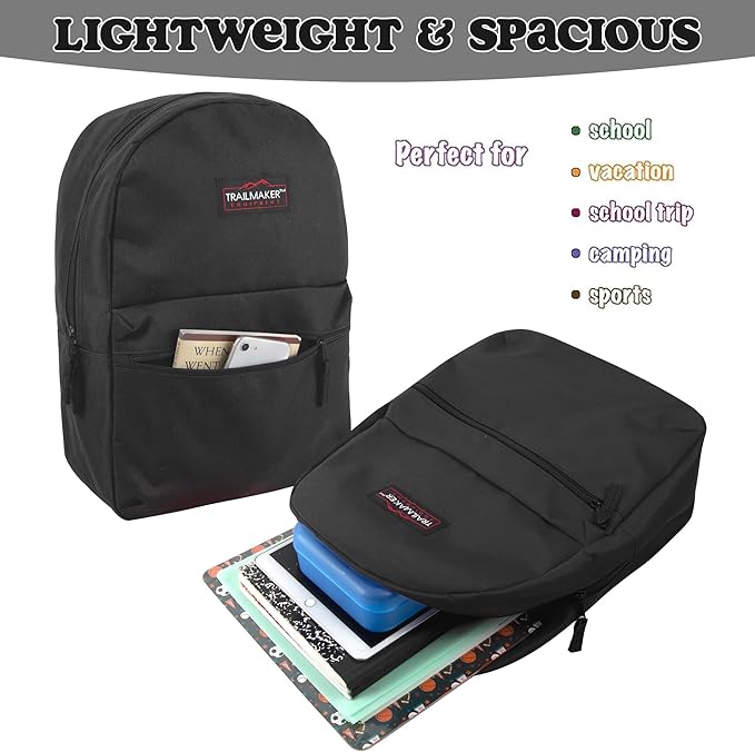 Trail maker Classic 17 inch Backpacks with Adjustable Padded Straps | School Backpacks for Girls, Boys (Black)