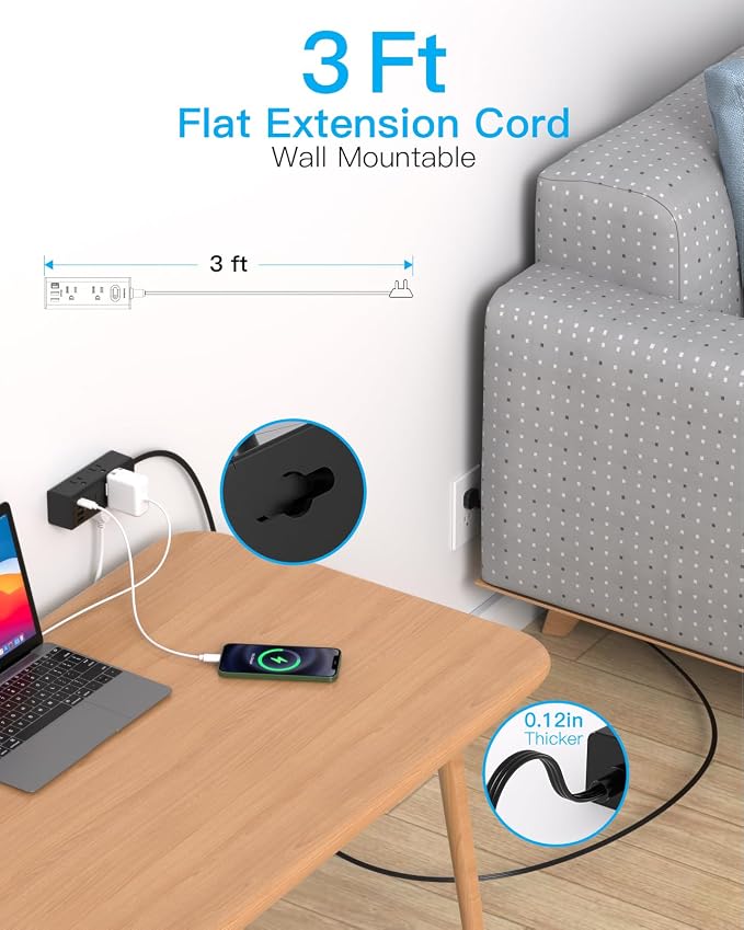 3Ft Extension Cord with Multiple Outlets, Flat Plug Power Strip Surge Protector with 3 Ft Cord, 6 Outlet 4 USB Ports (2 USB C), Multi Outlet Wall Plug for Travel, College, Dorm Room Essentials(Black)