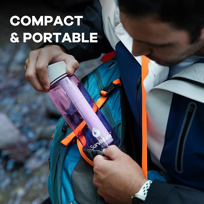 Survimate 5-Stage 0.01μm Ultra-Filtration Filtered Water Bottle, BPA-Free Material, NSF/ANSI 42 Certified, Portable Water Filter Bottle for Survival, Camping, Hiking, and Emergency Use