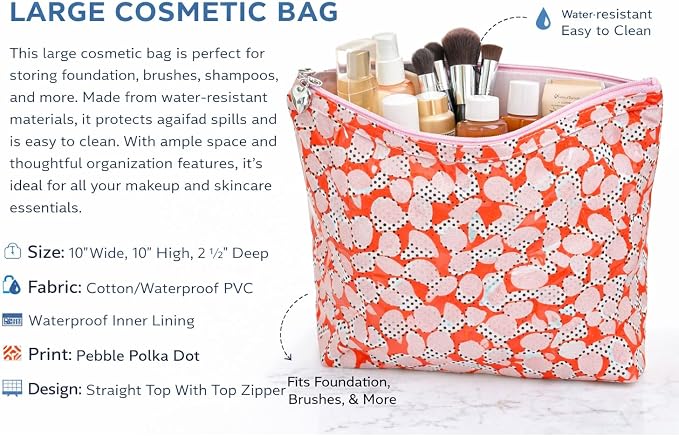 Jacaranda Living Large Cosmetic Bag – Water-Resistant Makeup Bag with PVC-Lined Interior, Easy to Clean Travel Toiletry Bag, Pebble Polka Dot