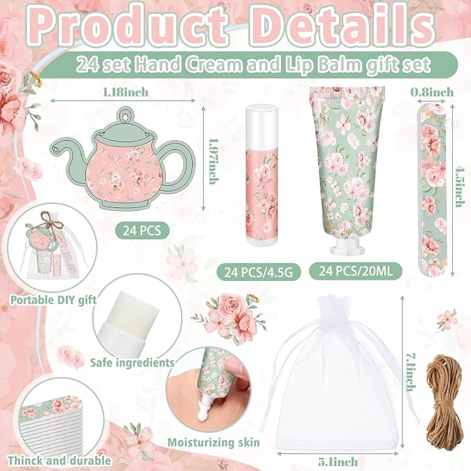 Leelosp 24 Sets Tea Party Hand Cream and Lip Balm Gift for Women Bulk Pink Floral Travel Size Hand Lotion Lip Balm Nail File Gifts Set Bridal Shower Wedding Party Supplies for Guests