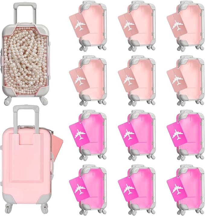 Teecyhooo 12 Pcs Mini Suitcase Party Favor Boxes and 12 Pcs Metal Luggage Tags with Card, Clear Mini Luggage Gift Boxes for Girls Wedding Travel Birthdays (6.69 x 3.74 x 1.97 Inch,Pink,Rose Red)