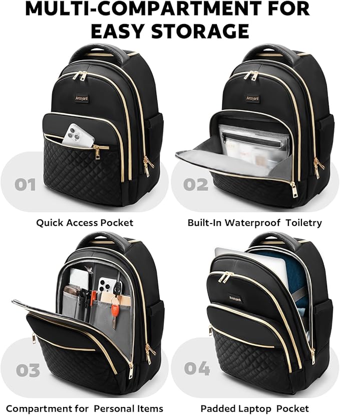 Arcoyard Rolling Backpack for Women, 17 inch Travel Laptop Wheeled Backpack with Anti Theft Zippers for Adults, Large Water Resistant Carryon Luggage Roller Bag Flight Approved for Work College, Black