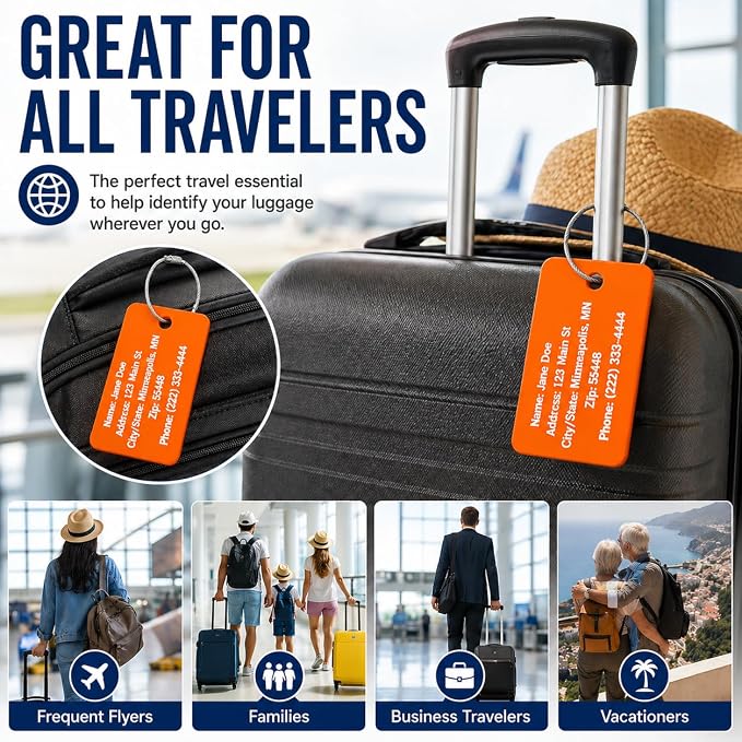 Personalized Acrylic Luggage Tags Set – Custom Engraved Name & Address ID Tags for Suitcases, Carry-On Bags & Backpacks – Bright High Visibility Heavy Duty Travel Bag Tags with Wire Ring Loops (2)
