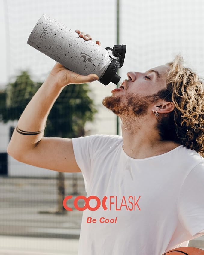 Coolflask Water Bottle 32 oz Insulated with Straw, Stainless Steel Metal 3 Lids Water Flask Wide Mouth for Sports or Office, Non-BPA Keep Cold Up to 48 Hrs or Hot Up to 24 Hrs, Arctic White