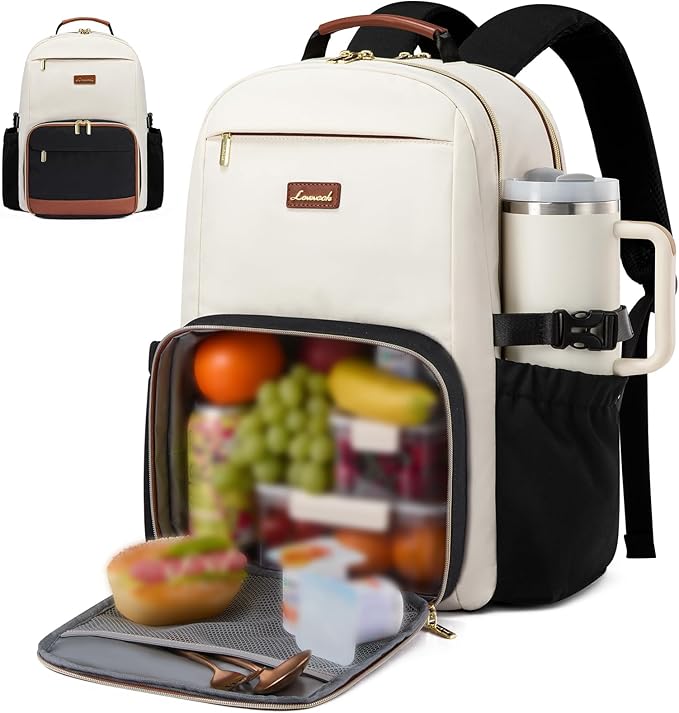 LOVEVOOK Lunch Backpack with Lunch Compartment,15.6 Inch Laptop Work Travel Insulated Cooler Backpack,Waterproof College Teacher Lunch Bag Box with Tumbler Holder,Gifts for Men Women,Beige-Black-Brown