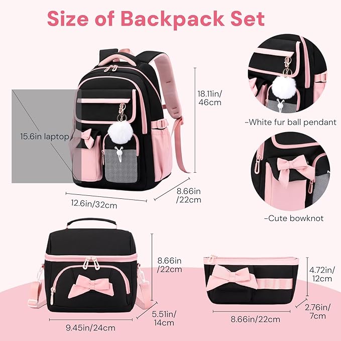Girls School Backpack with Lunch Box Pencil Case Set, Cute Middle School Bag Teen Girls Backpack Bookbag for Kids, 3pcs Black Blue