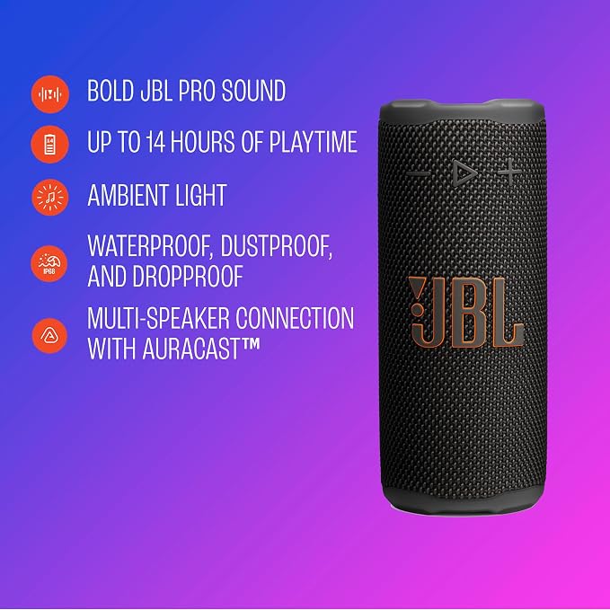 JBL Grip - Compact Bluetooth Speaker with Bold Pro Sound and Ambient Light, up to 14 Hours of Playtime, Water, Dust and Drop-Proof (IP68), & Multi-Speaker Connection with Auracast™ (Yellow)