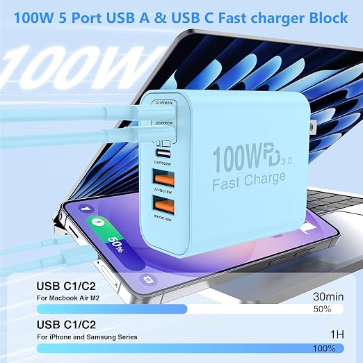 QZIIW USB C Wall Fast Charger Block, 100W 5-Port Type C Fast Charging Block 3 Pack-PD Power Charger Adapter QC 3.0 USB Multiport Charger Brick for iPhone 17 16, Samsung Series MacBook/Air, iPad, etc.