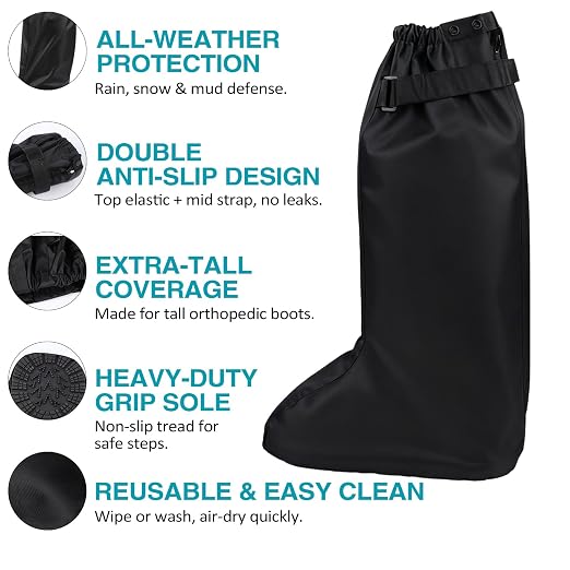 Tall Walking Boot Cover Waterproof for Medical Boots | Fits high-top medical boots; measure your medical boot; waterproof nylon, adjustable straps, heavy-duty anti-slip sole