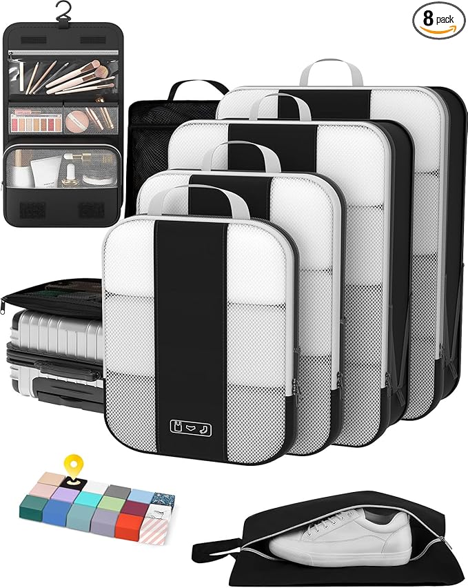 8 Set Compression Packing Cubes for Travel Essentials,Compressible Expandable Packing Cubes for Suitcase,OlarHike Luggage Garment Bags for Travel,Handy Helper for Organizing Clothes(Black)