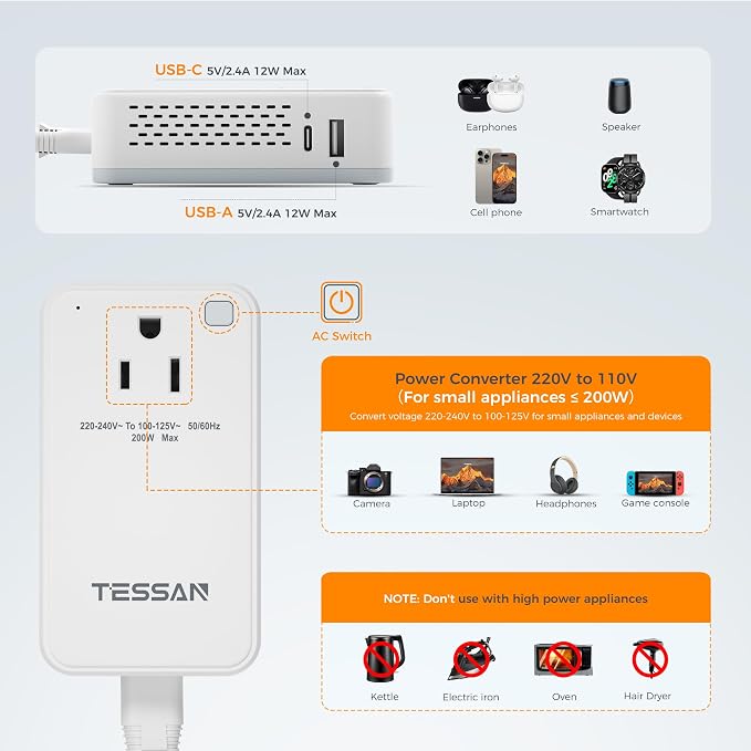 TESSAN Compact 220V to 110V Voltage Converter US to Europe, Universal Travel Adapter with 2 AC Outlets and 2 USB (1 USB-C), 200W Small Power Converter with EU/UK/AU/IT/India Plugs for Travel