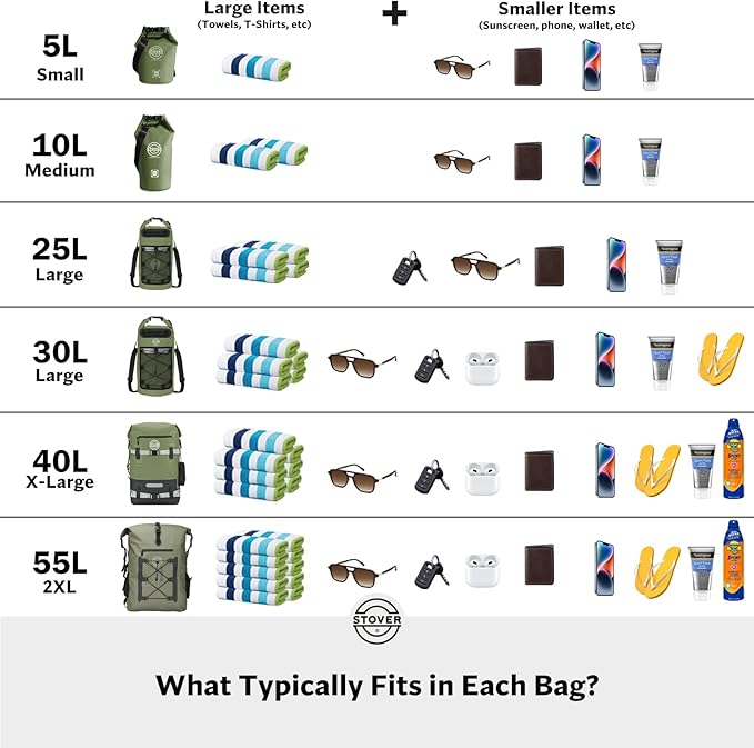 STOVER 5/10/25/30/40/55L Waterproof Dry Bag- Roll-Top Backpack w/Phone Case- Kayaking, Hiking, Camping, Boating- Men/Women