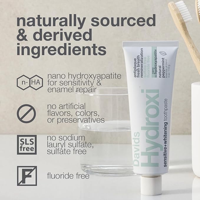 Davids Hydroxi Fluoride Free Nano Hydroxyapatite Toothpaste for Remineralizing, Sensitive Support, Whitening, Antiplaque, SLS Free, Natural Peppermint, Made in USA, 1.75oz (Travel Size)