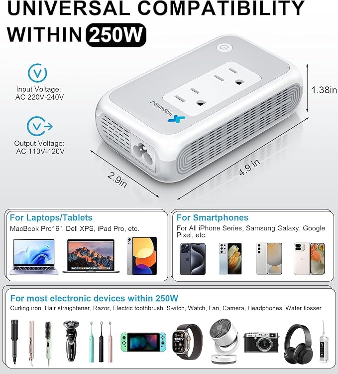 Voltage Converter US to Europe for Curling Iron and Hair Straighteners, 220V to 110V Converter for European Travel Plug Adapter with 2 USB A & 2 USB C Ports (White)