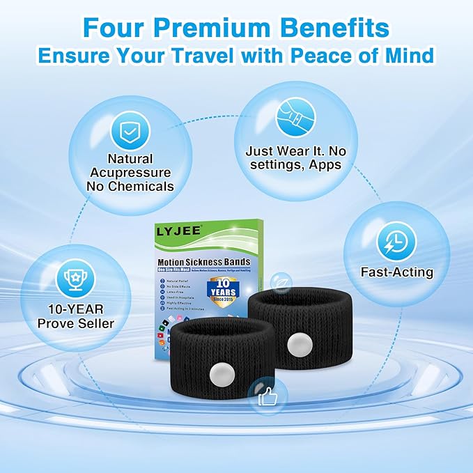 LYJEE Motion Sickness Bracelets for Adults and Kids: Motion Sickness Bands Nausea Relief for Pregnant Women - Natural Acupressure Anti Nausea Wristband Relief for Car Cruise Air Travel Sickness