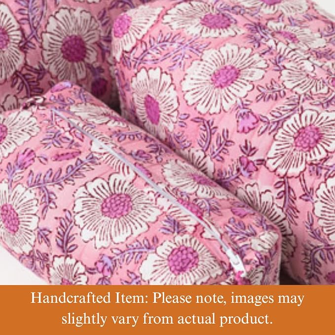 Saffron Marigold Quilted Makeup Bag Set of 3, Hand Block Printed Cotton Cosmetic Bags for Women, Waterproof Lined Travel Toiletry Bag, Coquette Floral Aesthetic, Handmade Gift, Lavendar & Rose Milk