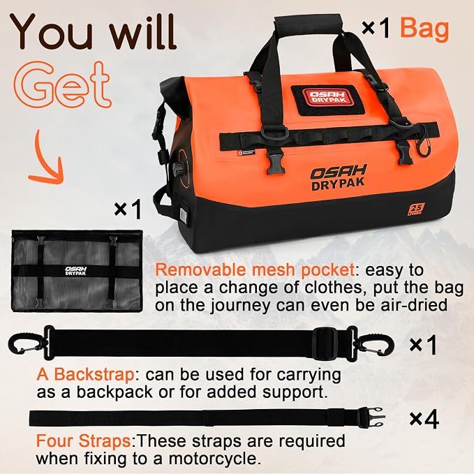 OSAH DRYPAK Waterproof Duffel Bag 25L/40L/60L – Heavy-Duty Motorcycle Tail Bag, Roll-Top Dry Bag for Travel, Camping, Boating, Kayaking, Outdoor Adventure