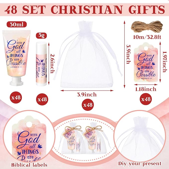 48 Sets Christian Graduation Gifts Hand Cream and Lip Balm Bulk Teacher Appreciation Gifts Travel Size for Her Bible Verse Thank You Cards with Organza Bag Tag for Graduation Supplies(Groovy)