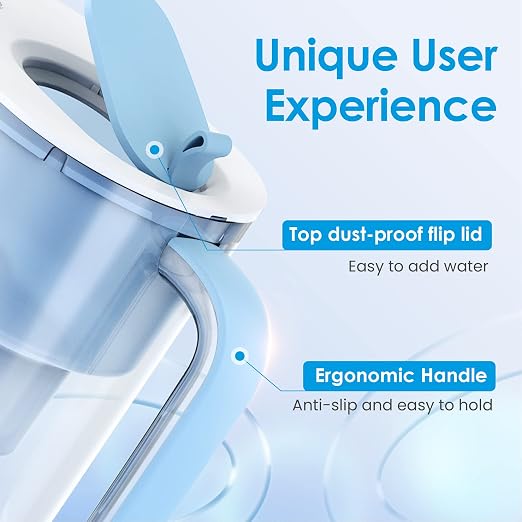 Waterdrop PT-61B Water Filter Pitcher, 10-Cup, NSF Certified, 200-Gallon Long-Life Filter, 5X Longer Filter Life, Reduces PFOA/PFOS and Chlorine, BPA-Free, Classic Manual-Flip Design, Blue
