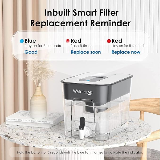 Waterdrop WFD-22L Large Water Filter Dispenser with 4 Filters, 40-Cup Water Filter Pitcher, 200-Gallon Long-Life, Reduces Chlorine, PFOA/PFOS and More, BPA Free, Black
