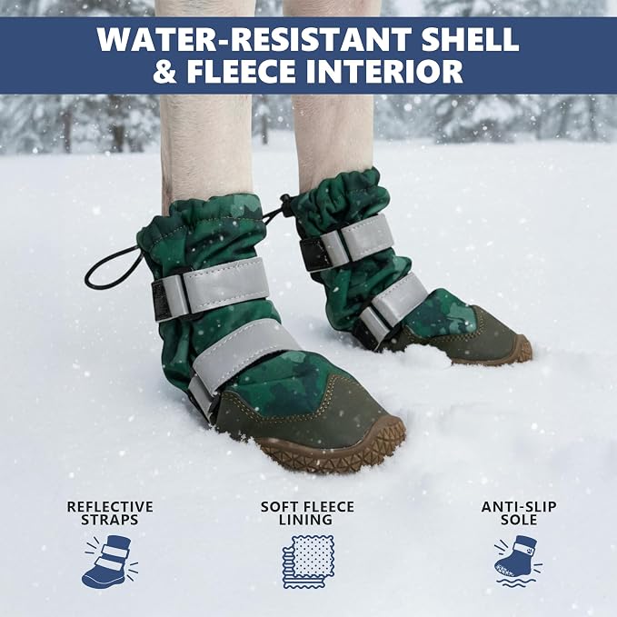 Spark Paws Dog Rainboots, Waterproof Dog Shoes for Medium to Large Dogs, Non Slip, Dog Booties and Paw Protectors - 4PCS Doggie Hiking Boots with Reflective Straps - Green Camo, Size 4