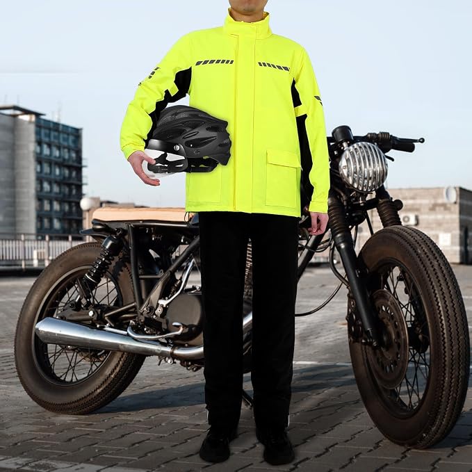 Men's Reflective Rain Gear Motorcycle Rain Suit with Hooded Nylon Waterproof Jacket Pants and Shoe Covers for Cycling and Night Riding