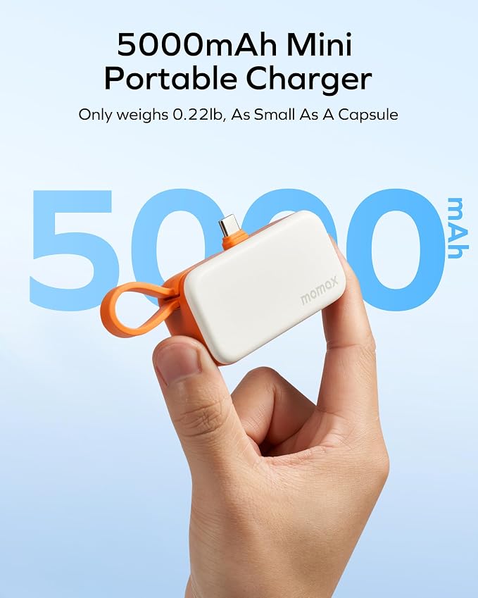 MOMAX Portable Charger, 5000mAh Small Power Bank PD 20W Fast Charging Battery Pack with 3 USB-C, LED Battery Display, Smart Temperature Control for iPhone 17 16 15 Pro Max(Orange)
